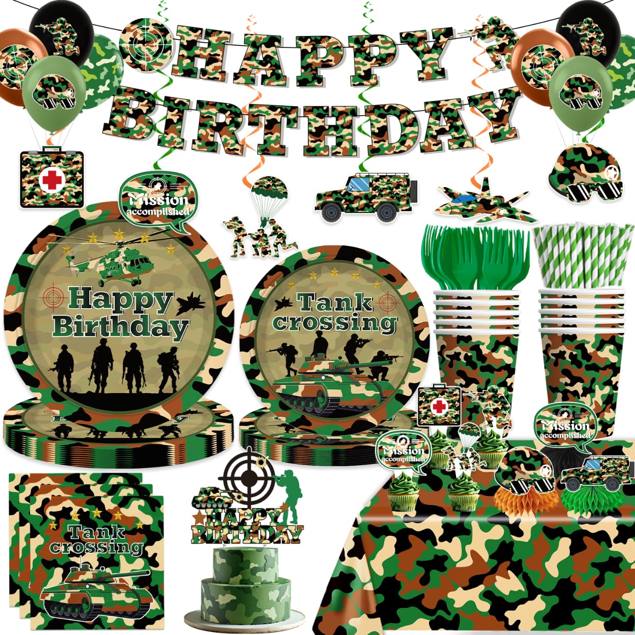 Yingoto army banner in camouflage adds a bold focal point for a military themed party.