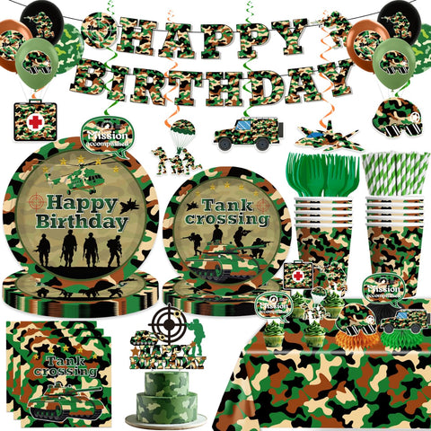 Yingoto army banner in camouflage adds a bold focal point for a military themed party.