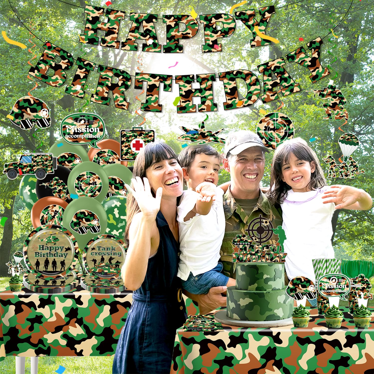 Yingoto camo balloons add playful accents to a camouflage party setup.