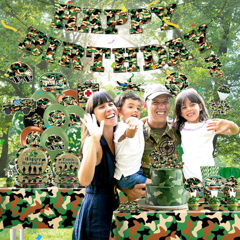 Yingoto camo balloons add playful accents to a camouflage party setup.