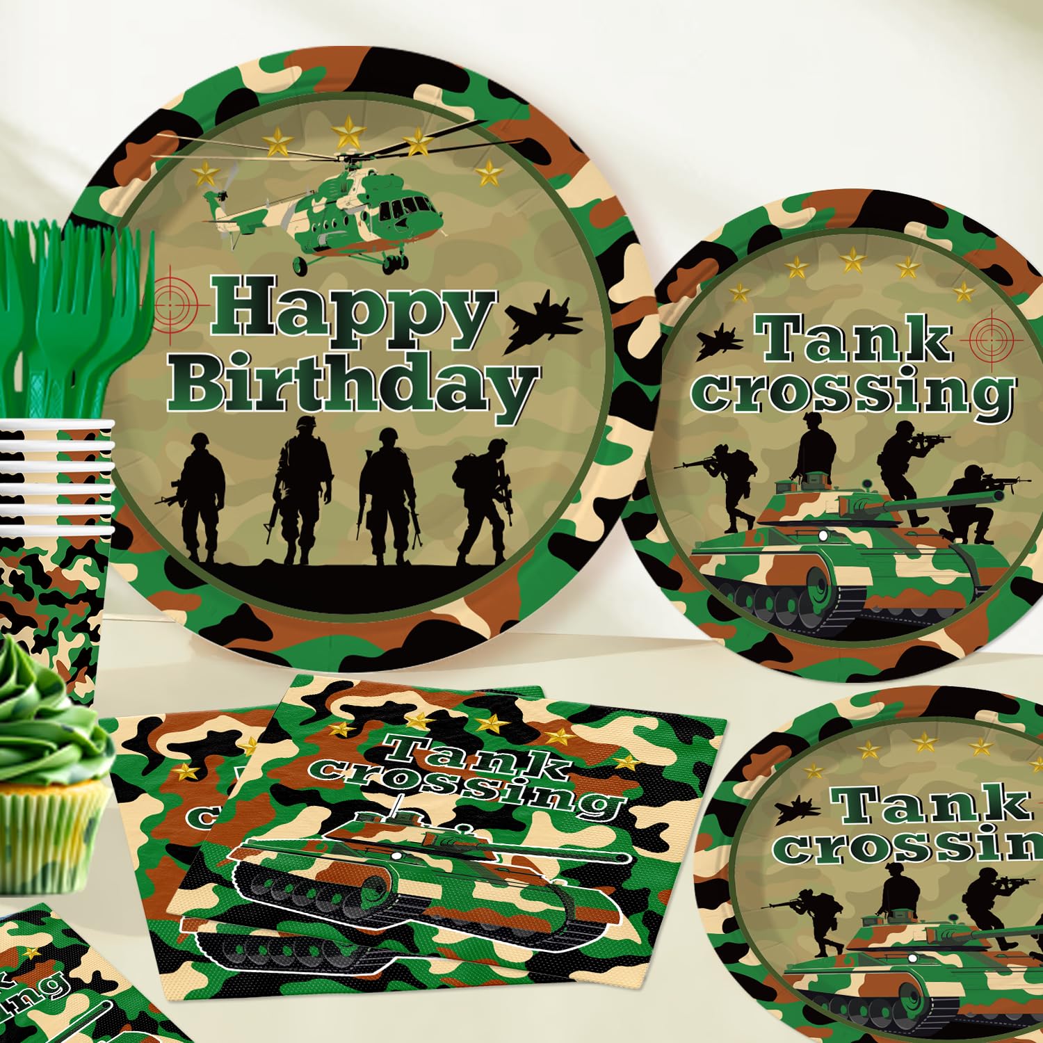 Yingoto camo napkins and cups complete the theme while simplifying cleanup.