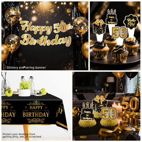 Yingoto gold and black centerpieces elevate the party ambiance