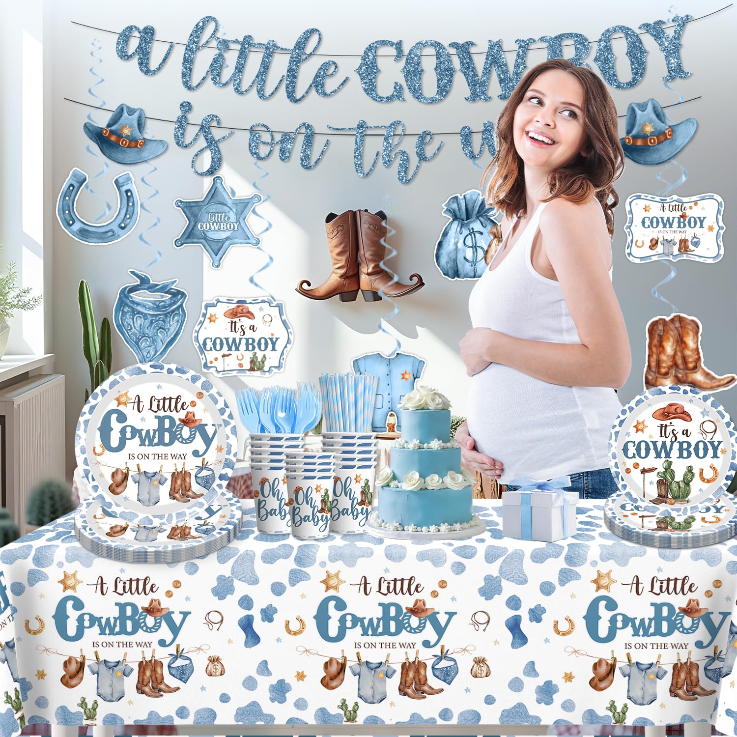 Yingoto cowboy tablecloth and cake topper create a focal celebratory moment