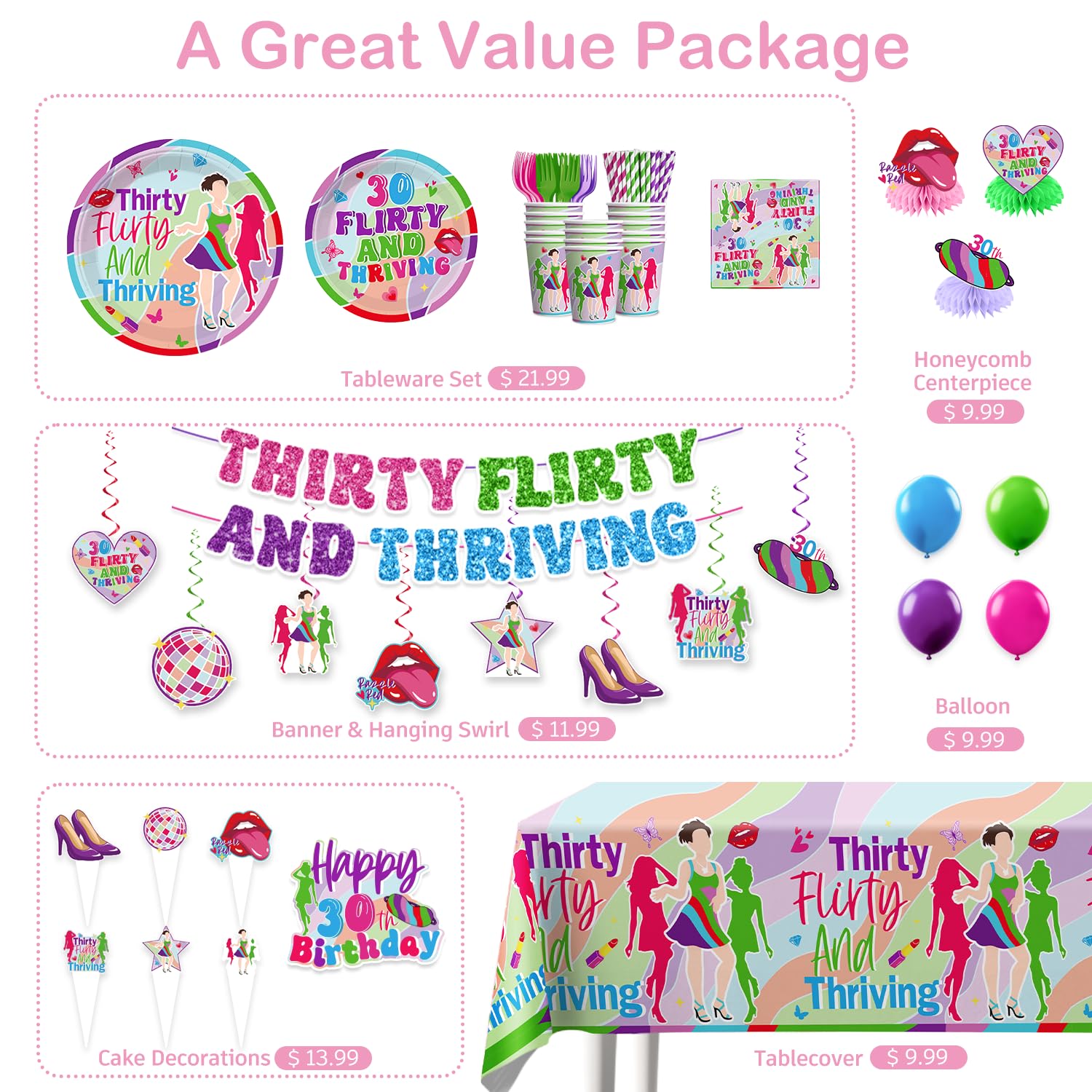 Yingoto hanging swirls add dynamic movement and color to your 30th birthday decor.