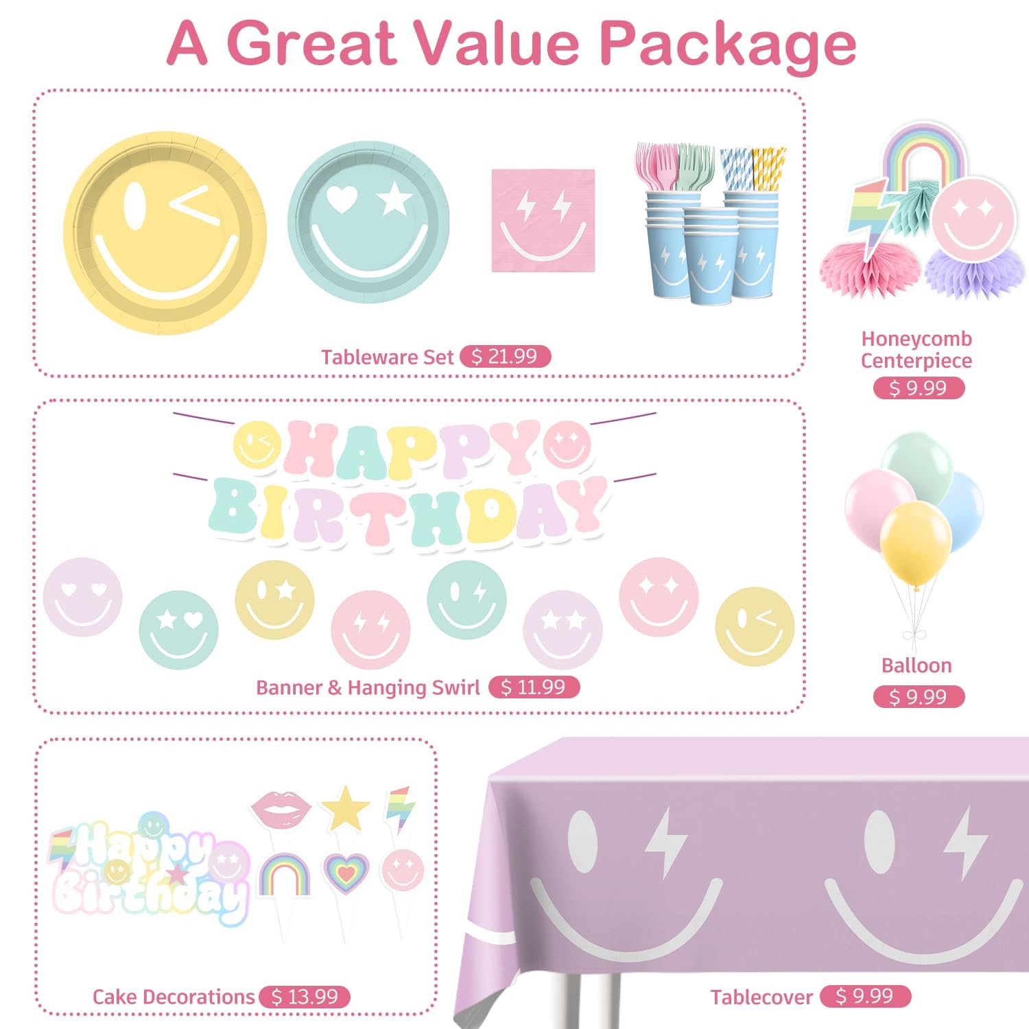 Yingoto pastel tablecloth and happy birthday banner brighten the party space.