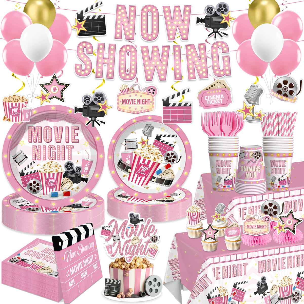 Yingoto pink movie night banner now showing enhances party theme