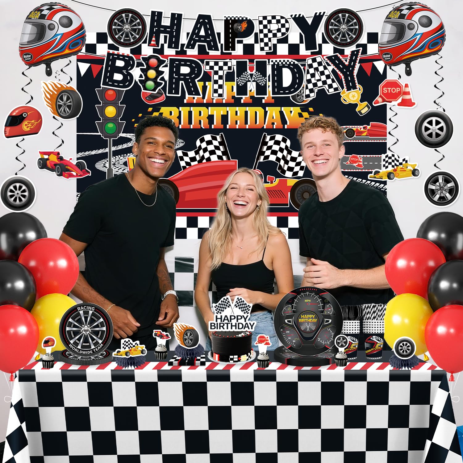 Yingoto race car backdrop sets a vivid scene for desserts and greetings.
