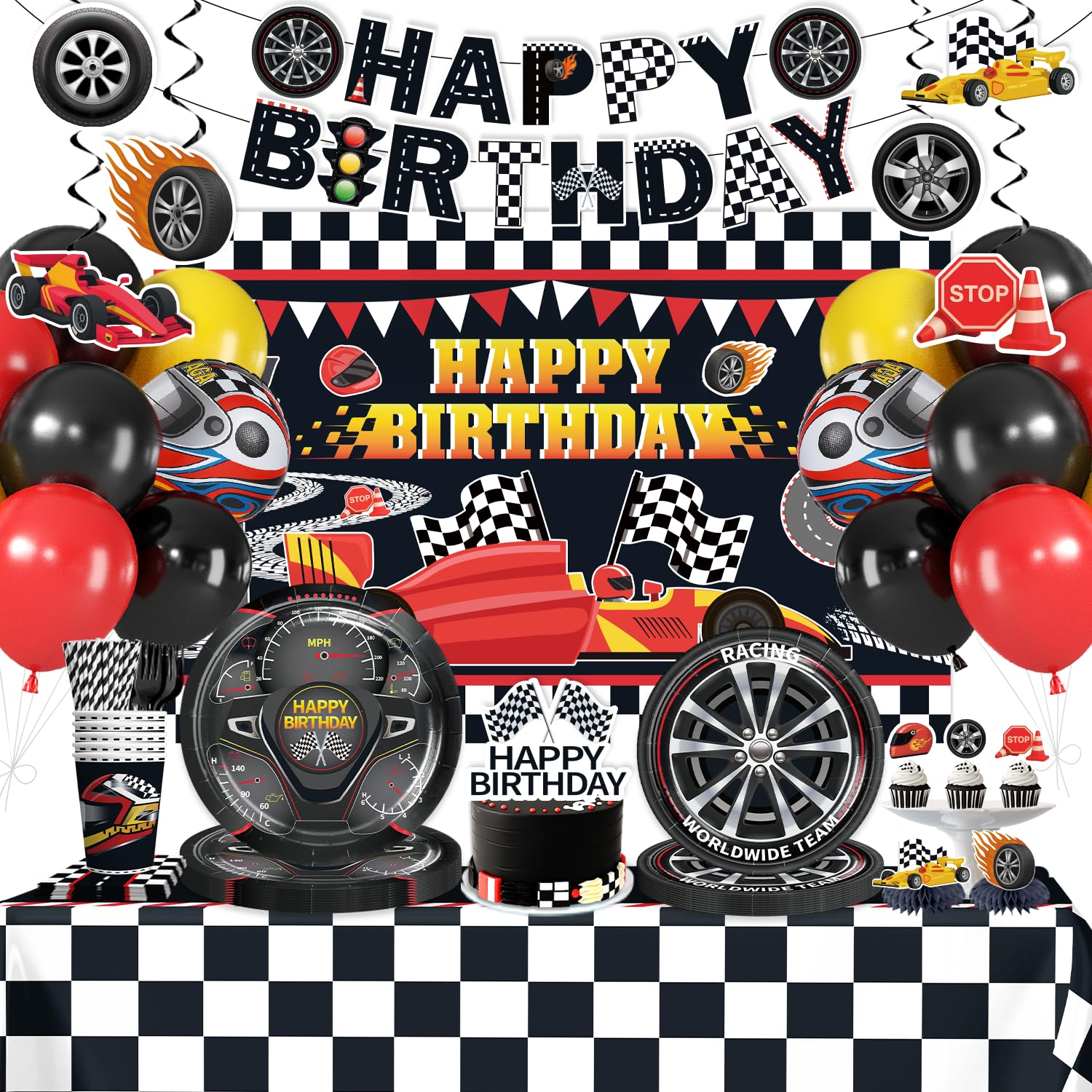 Yingoto race car birthday banner enhances party visuals and photos.