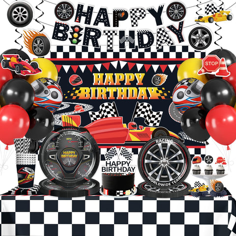 Yingoto race car birthday banner enhances party visuals and photos.