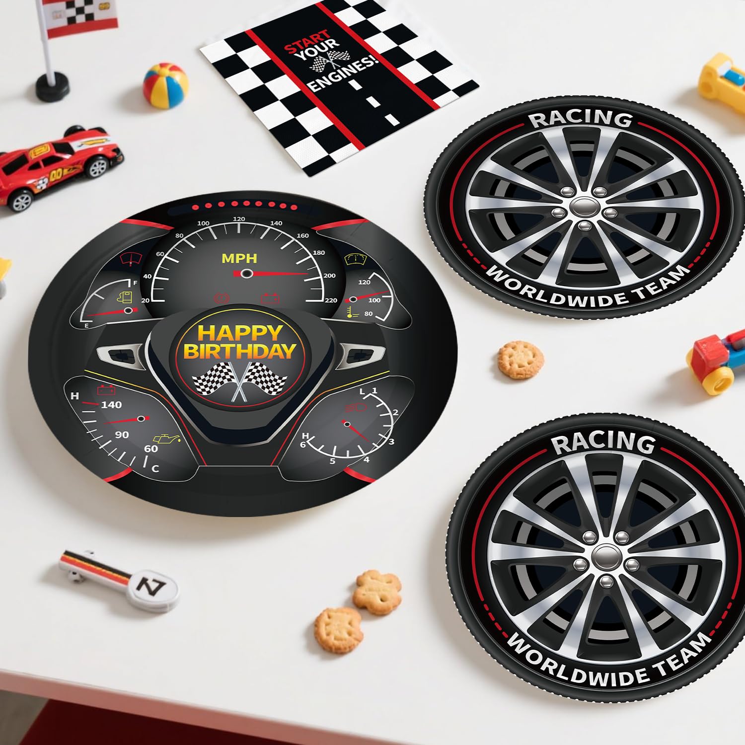 Yingoto race car cake topper marks the centerpiece of the cake.