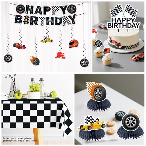 Yingoto race car tablecloth ties decor together and protects surfaces.