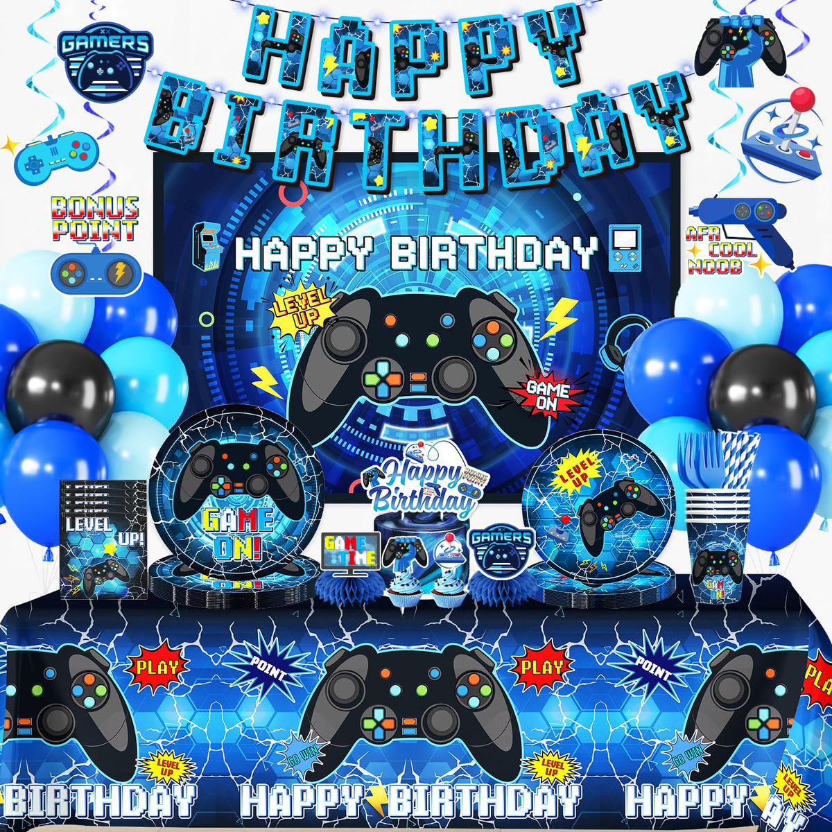Yingoto video game birthday banner with blue lights creates a vivid party entry.