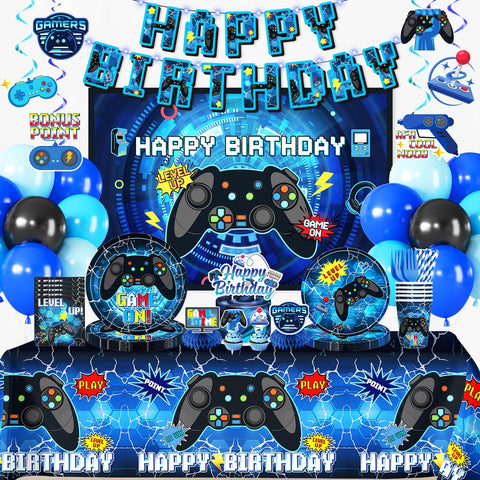 Yingoto video game birthday banner with blue lights creates a vivid party entry.