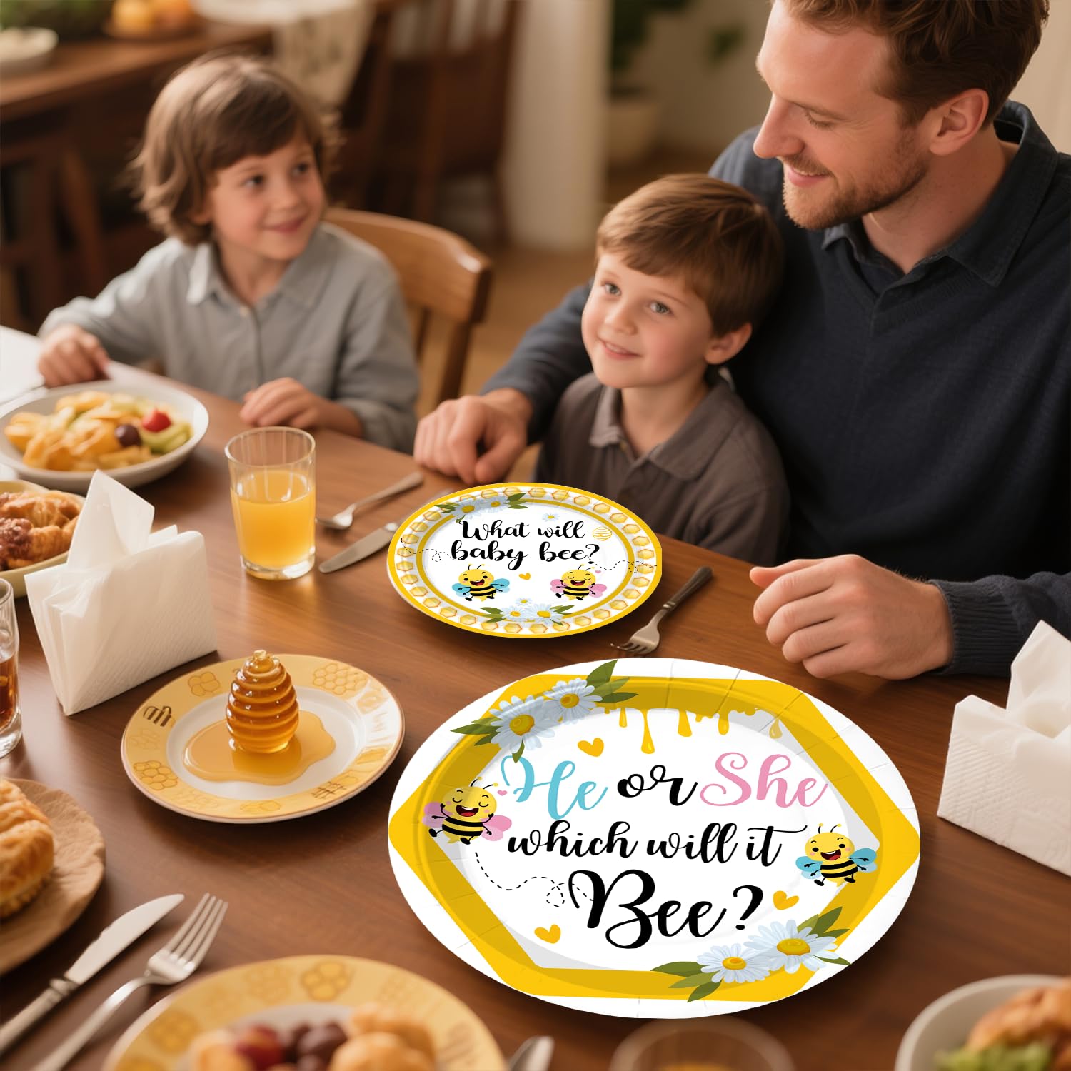 Yingoto What Will Baby Bee napkins complete the bee-themed setting