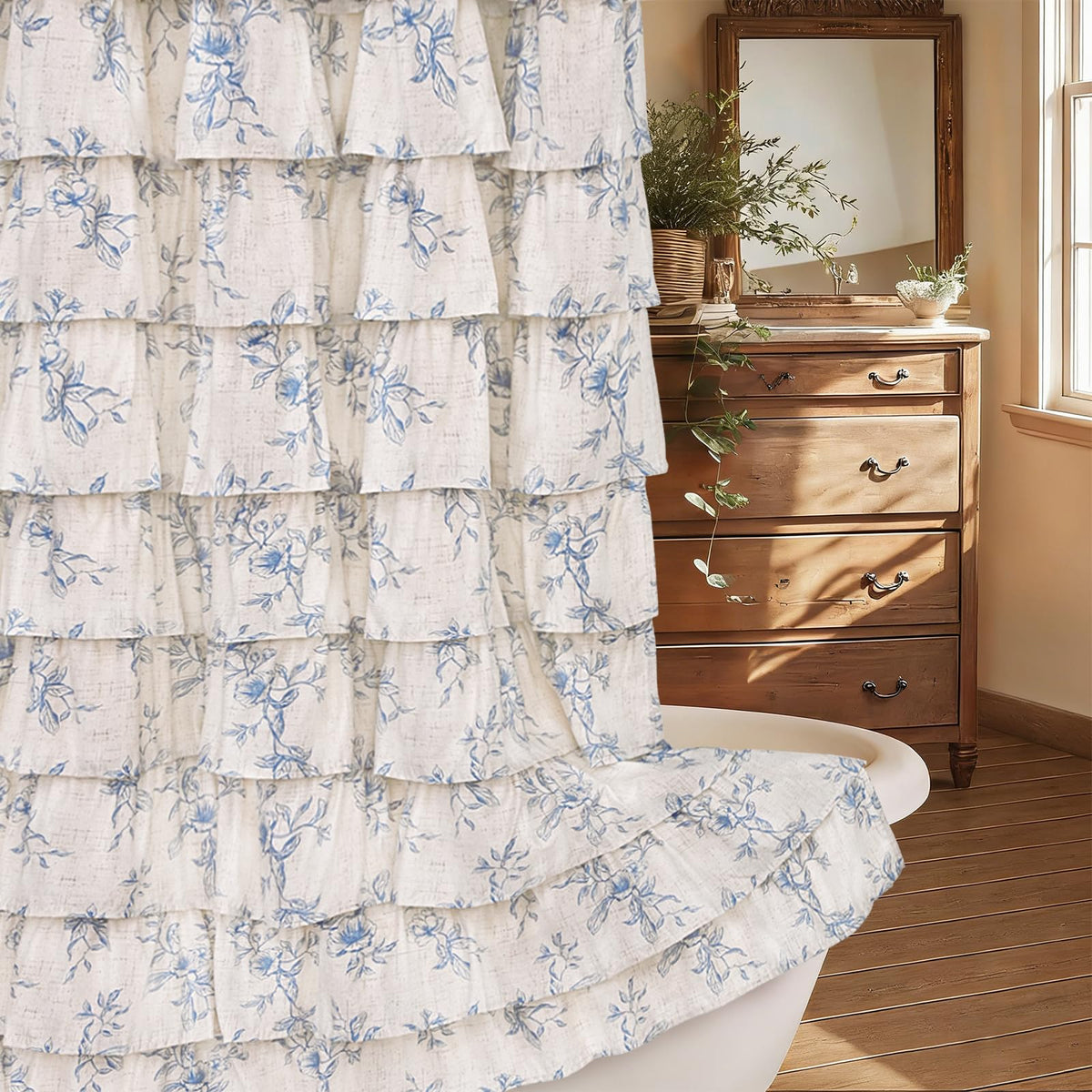 Yinhua Farmhouse Floral Shower Curtain with blue ruffles for a romantic, quick-drying bath update