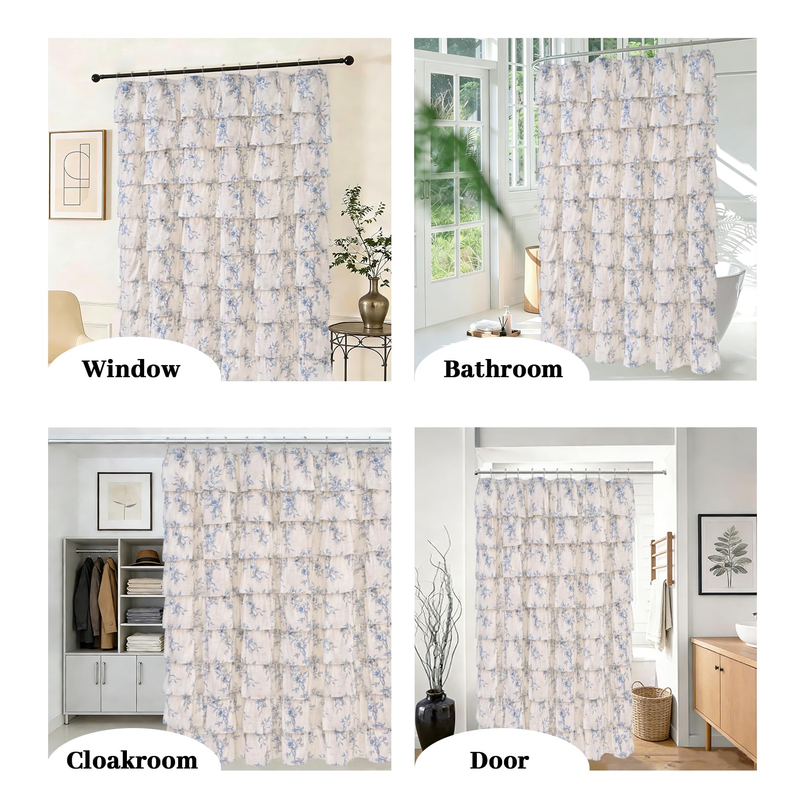 Yinhua blue floral ruffle curtain blends farmhouse charm with modern practicality