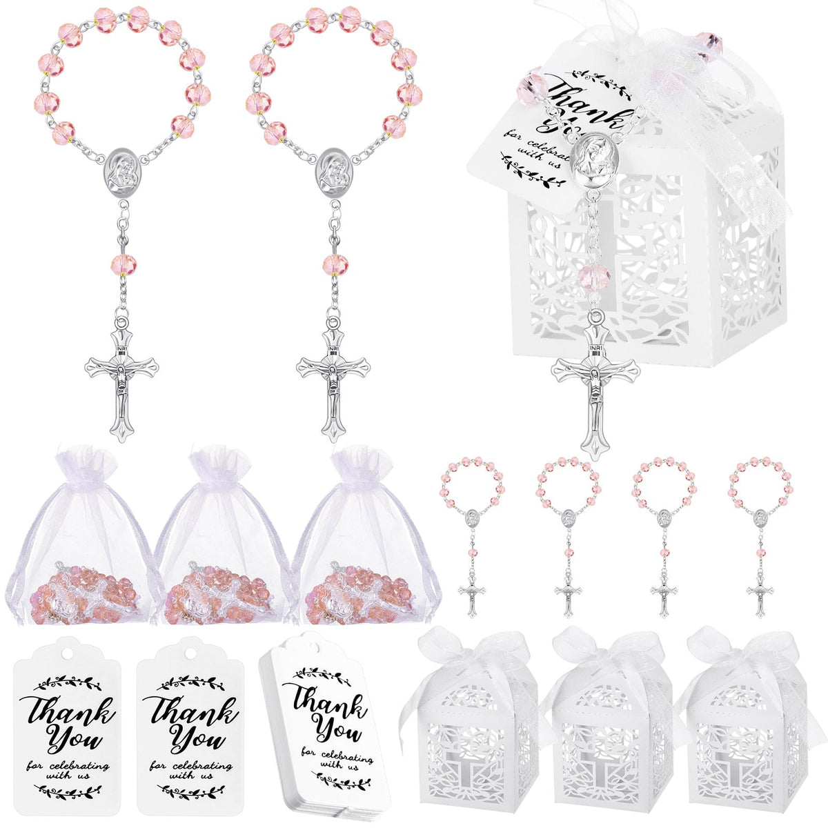 Yinkin pink rosary with cross pendant for baptism keepsake