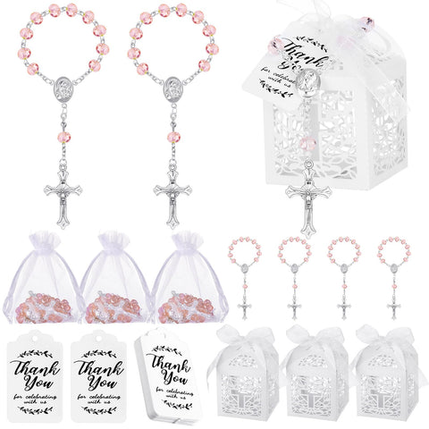Yinkin pink rosary with cross pendant for baptism keepsake