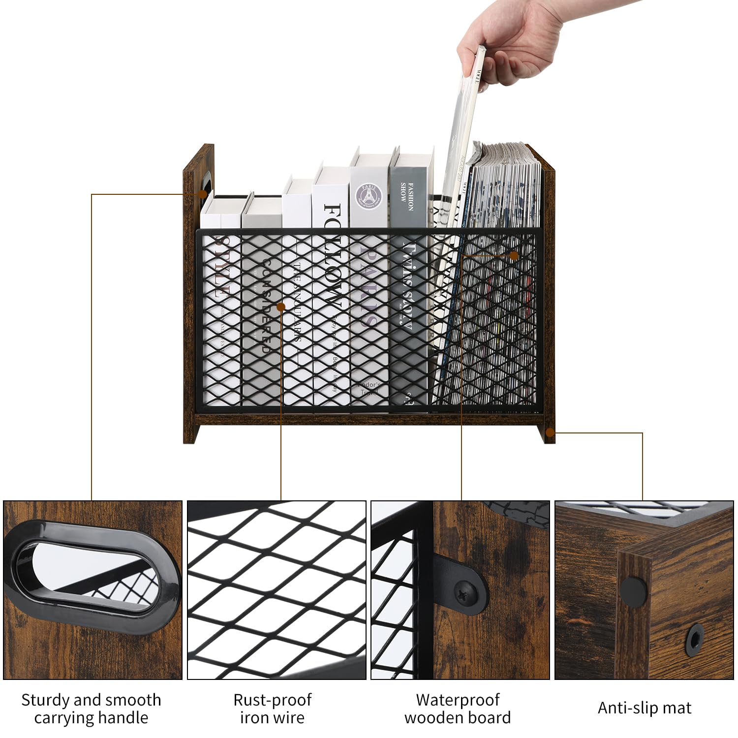 Large farmhouse-style YINMIT basket storing magazines and letters neatly.