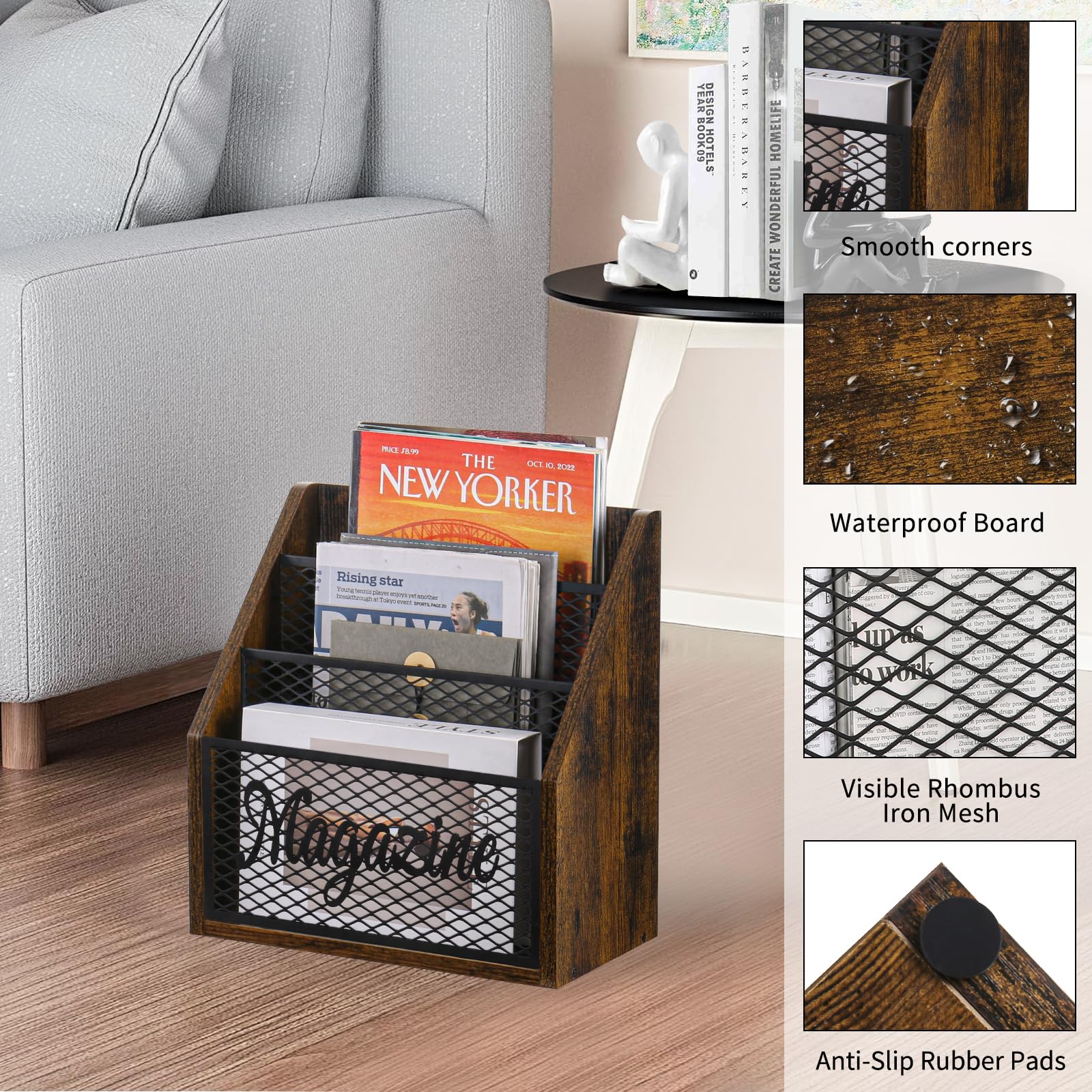 YINMIT Folder organizer bin made with wood and metal mesh for durable storage