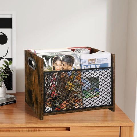 Close-up of YINMIT magazine holder highlighting sturdy wood finish.