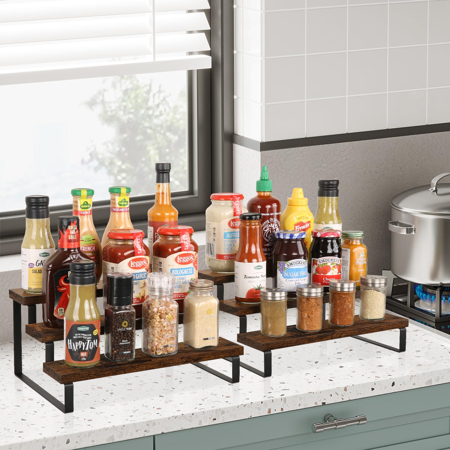YINMIT 3-tier display riser side view highlighting sturdy iron legs