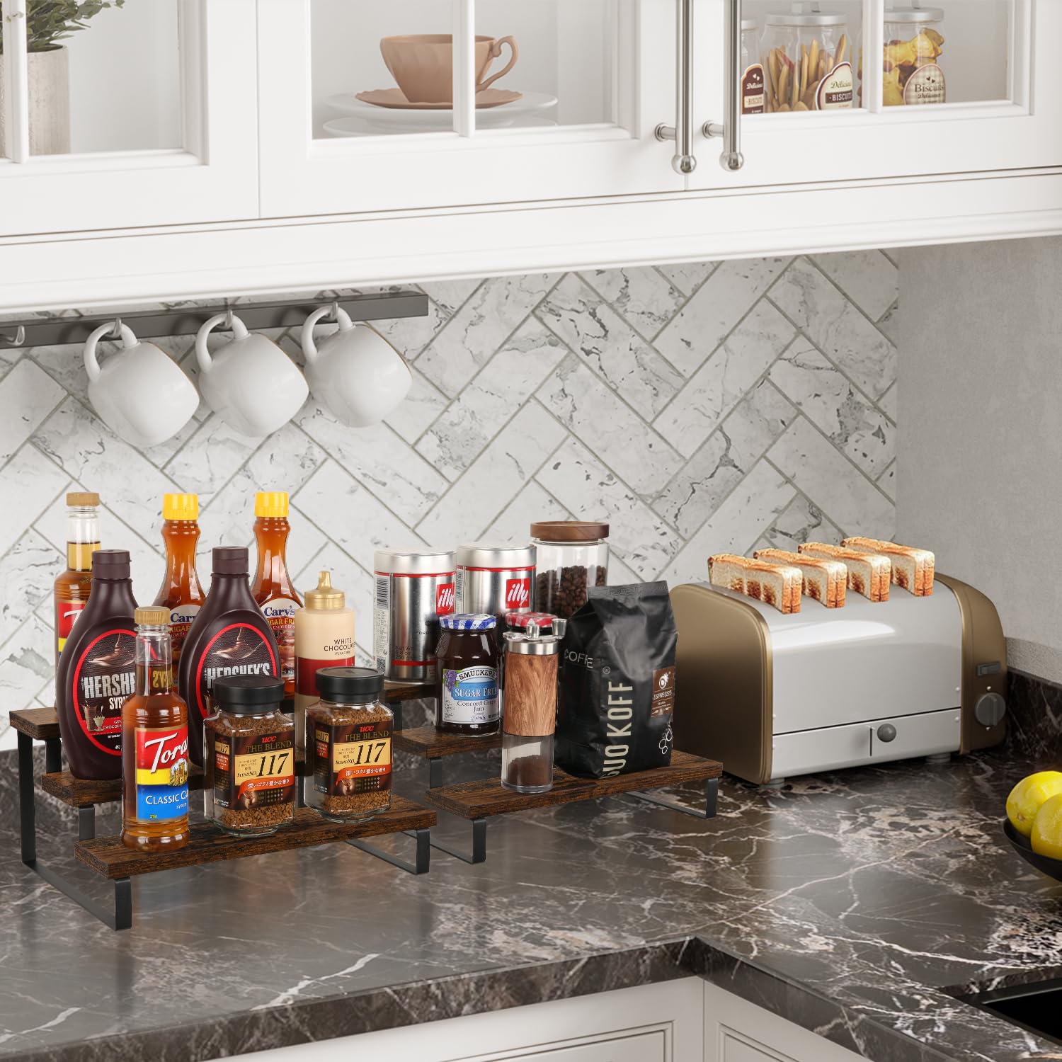 YINMIT 3-tier spice display on wooden rack saves counter space
