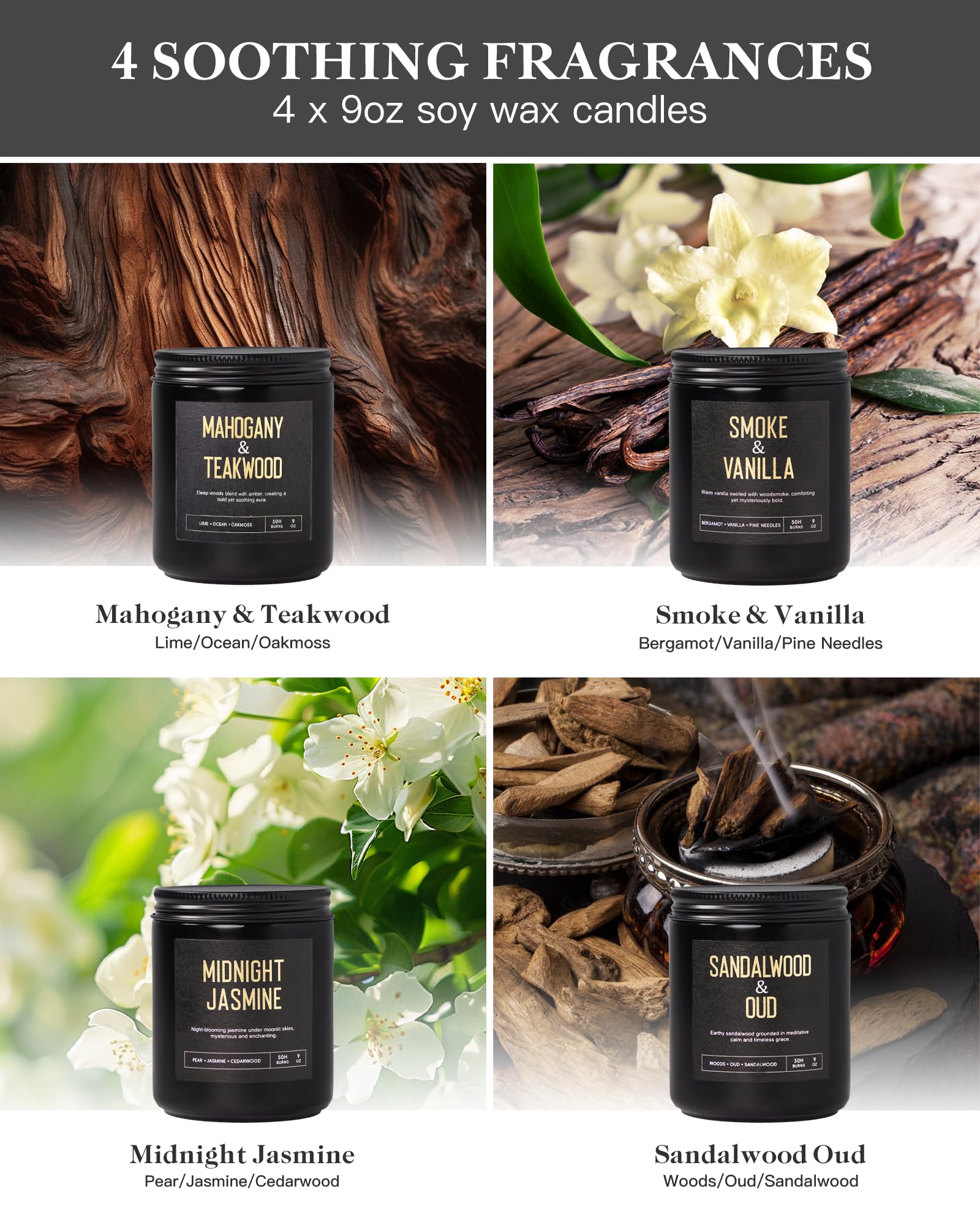 Yinuo Candle mahogany teakwood jar highlighting masculine scent