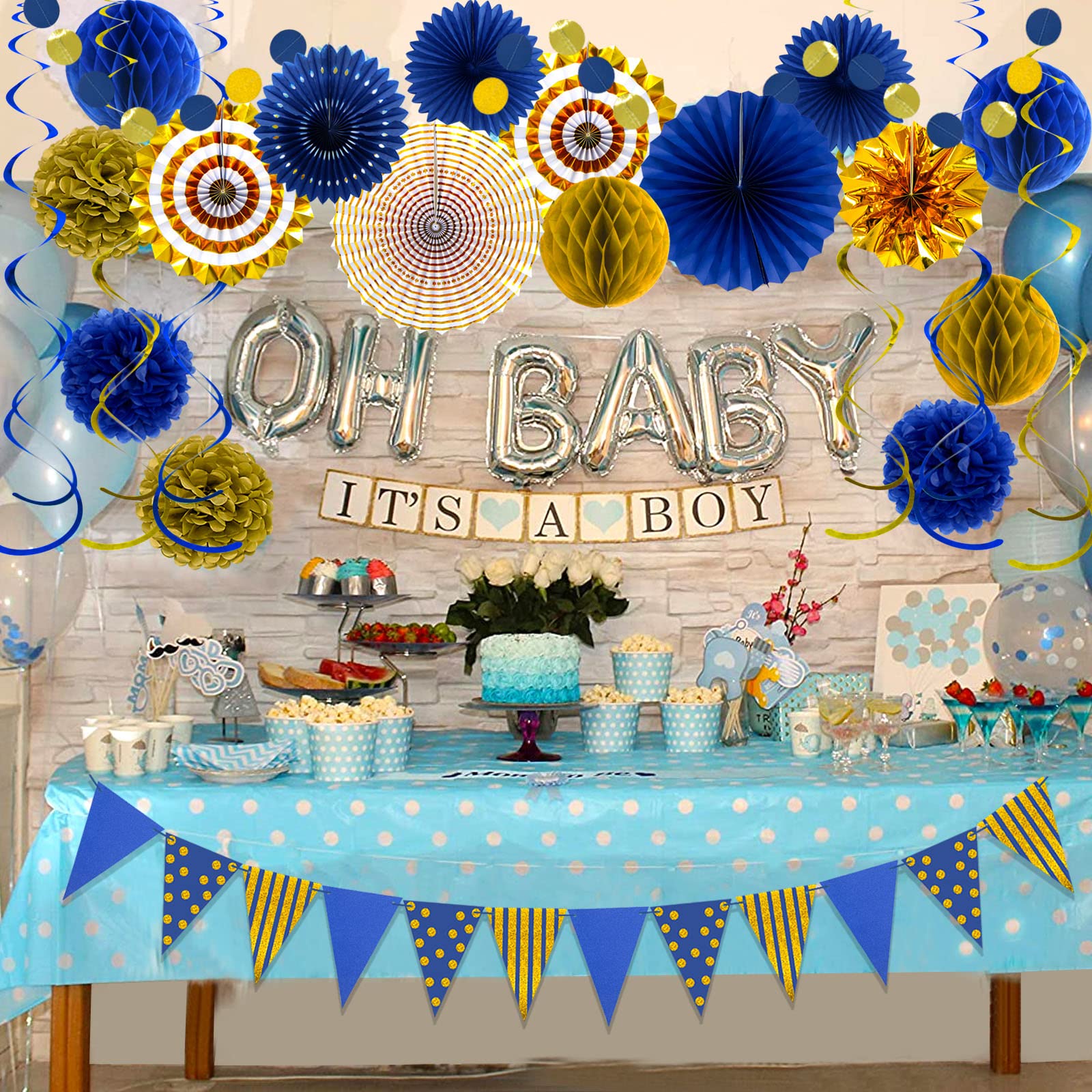 YIOTJUNL paper fan decor complements navy blue and gold themes