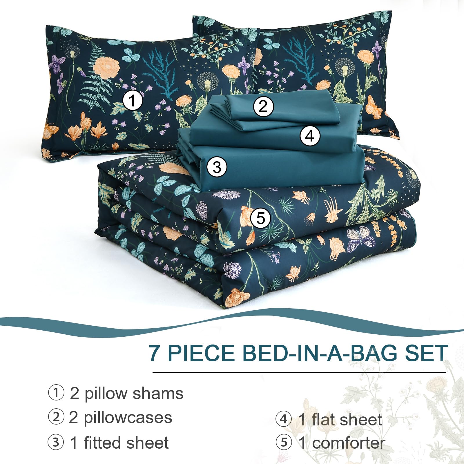 Yiran queen comforter set includes flat and fitted sheets with pillowcases for all-season use.