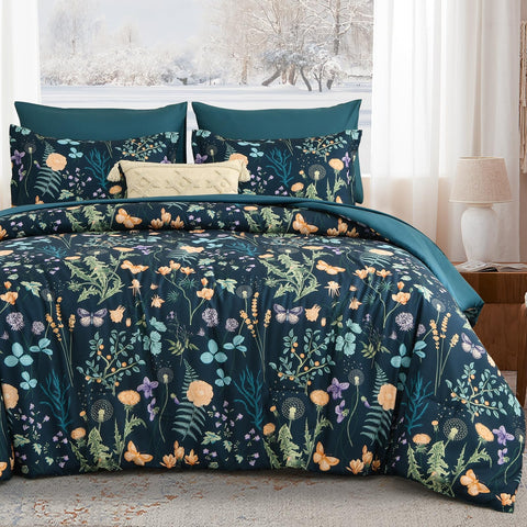 Yiran king-size comforter set front view with peacock floral design for a lively focal point.