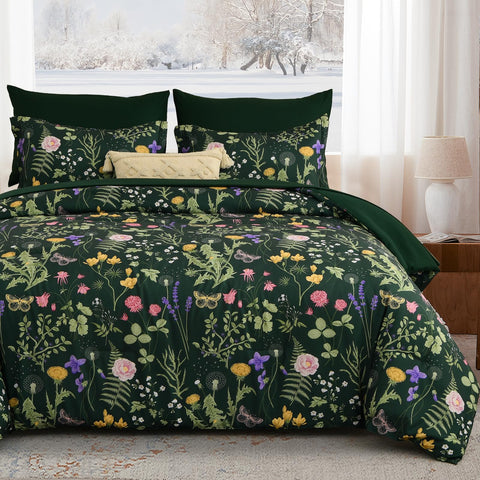 Yiran queen comforter set with dark green floral pattern adds fresh bedroom vibe