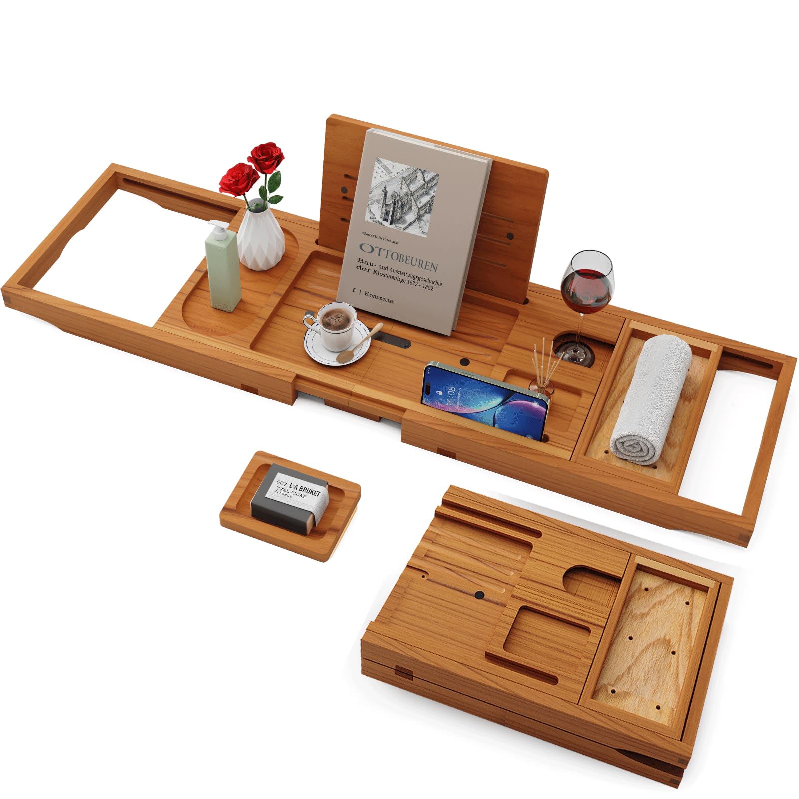 Yirilan bamboo bathtub tray extendable from 28.5 to 41 inches for many tubs.