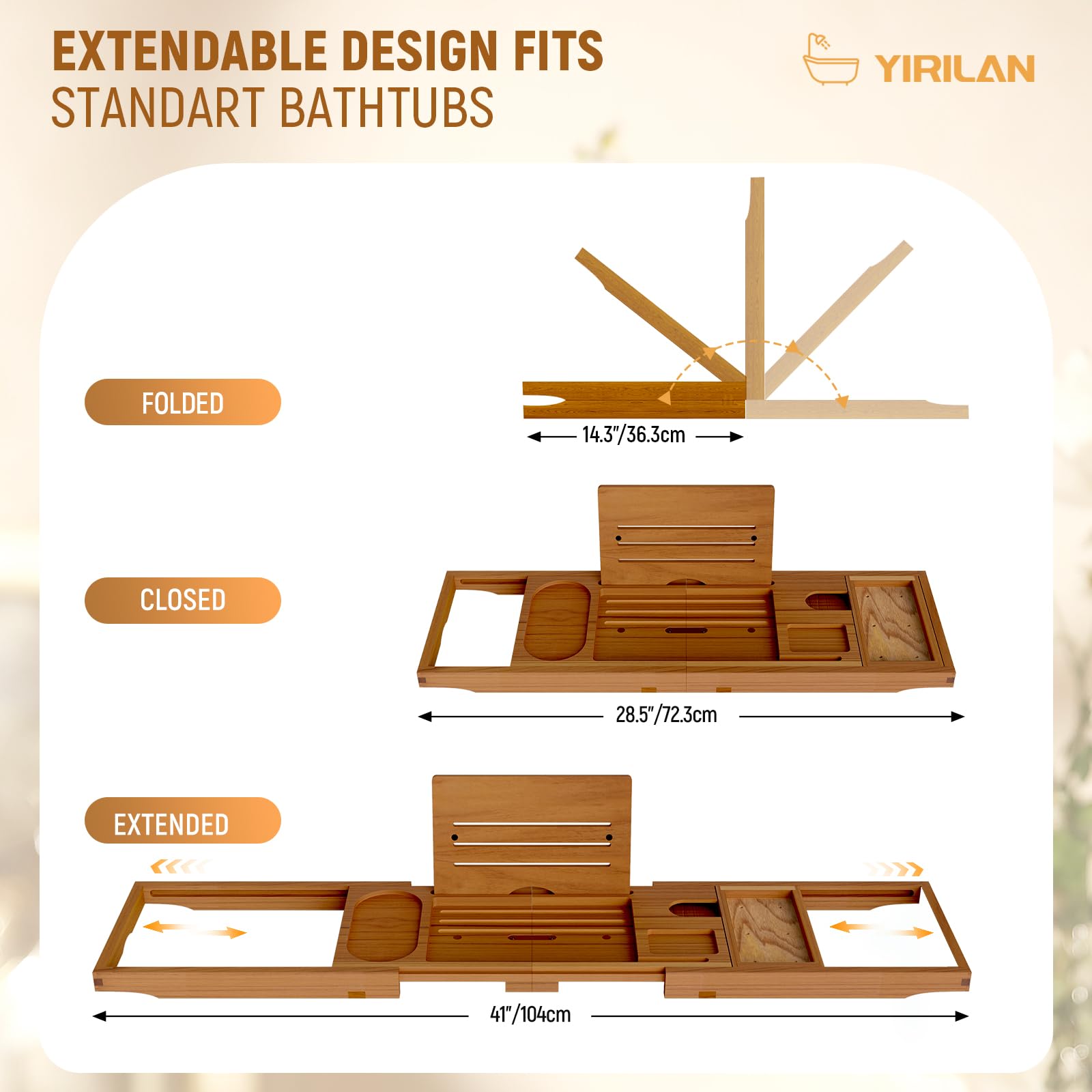 Yirilan bath table tray with wine slot for a pampered soak.