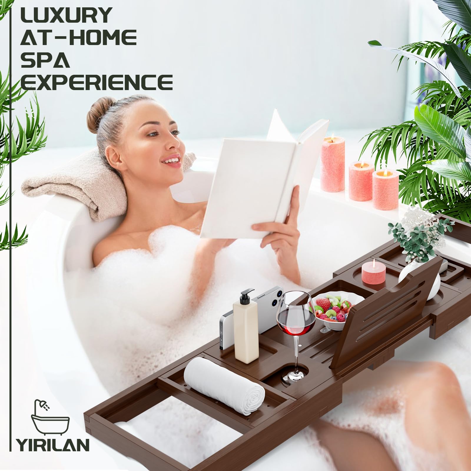 Yirilan bath tray with candles and wine glasses for a relaxing bath
