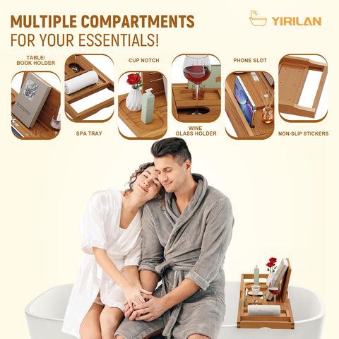 Yirilan bathtub tray includes a phone holder for easy hands-free use.