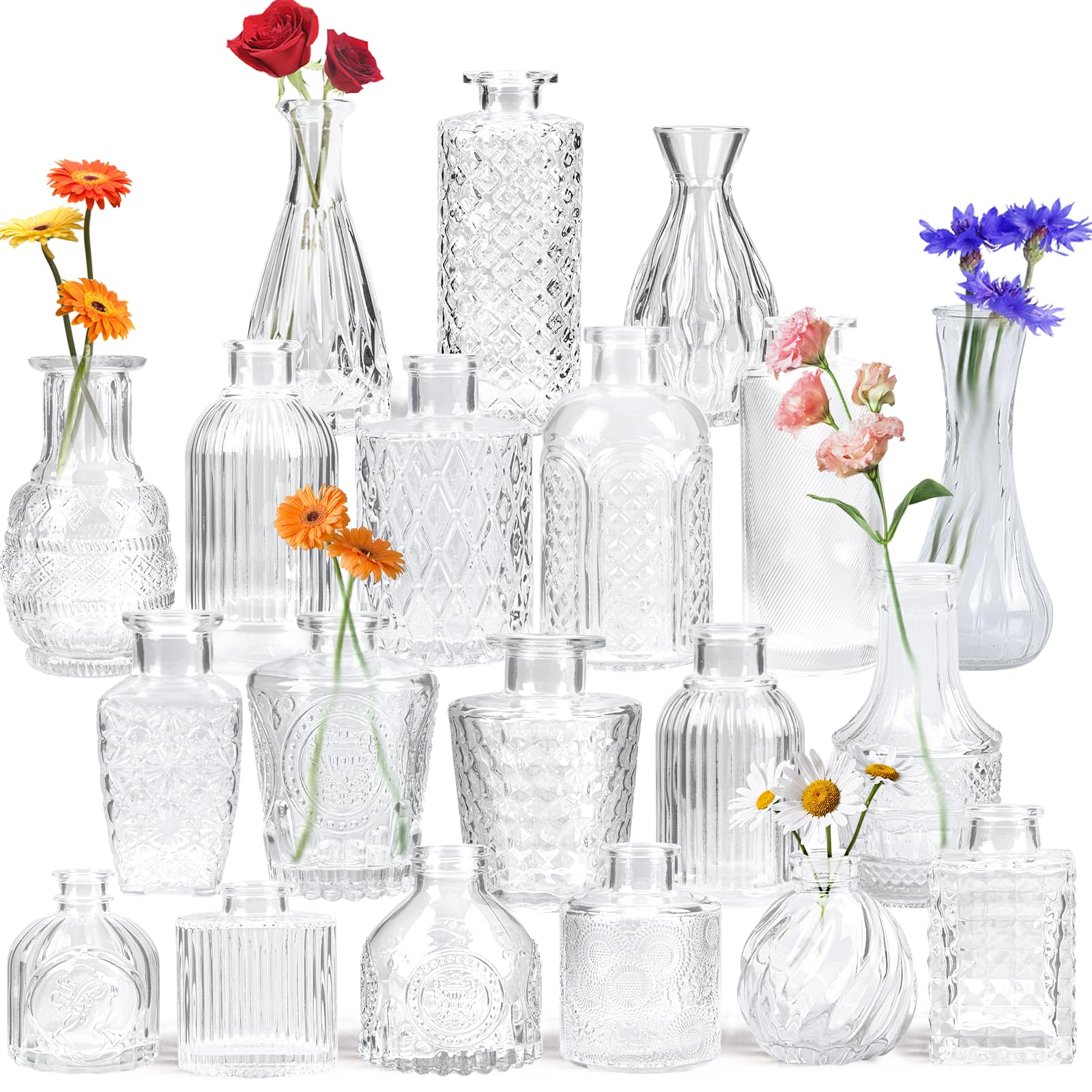 Yirilan bud vase set from 20-piece clear glass collection, ideal for table centerpieces.