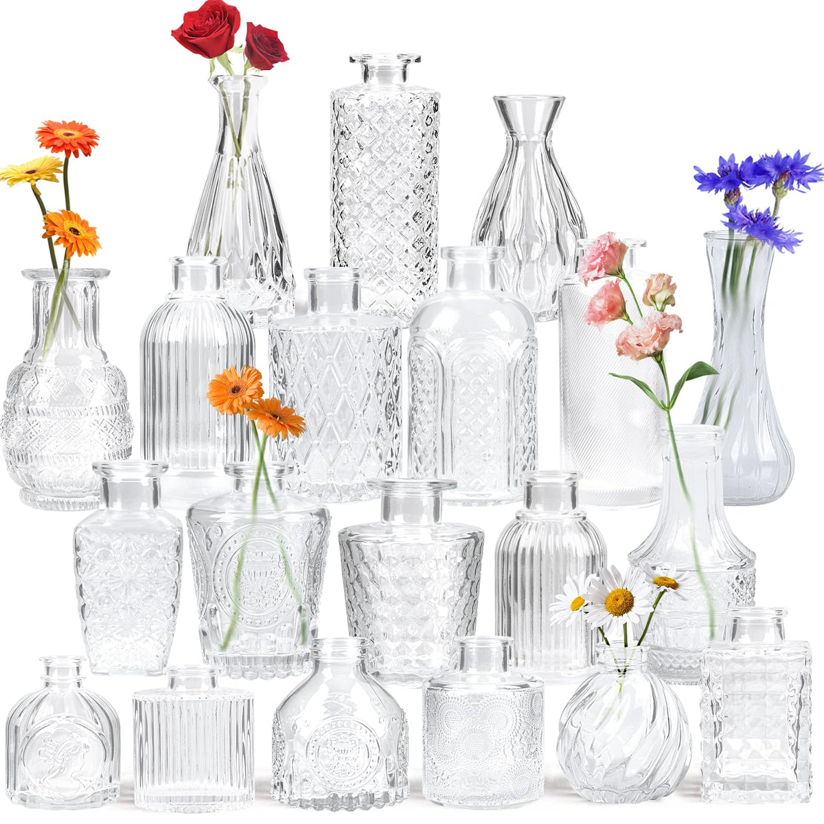 Yirilan bud vase set from 20-piece clear glass collection, ideal for table centerpieces.