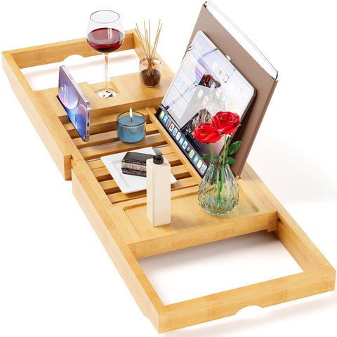 Yirilan foldable bamboo bathtub tray extended to fit large tubs for a spa-like bath.