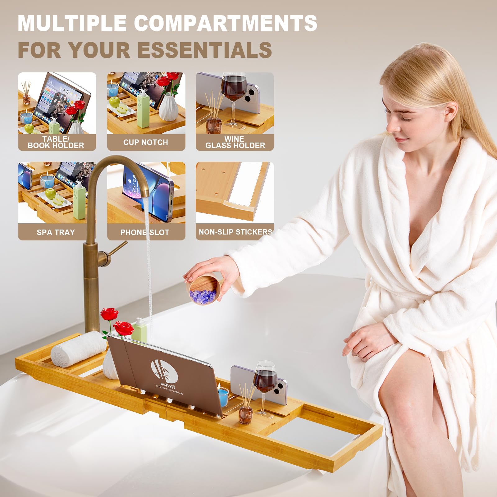 Yirilan bathtub tray with non-slip silicone feet stays steady on the tub edge.