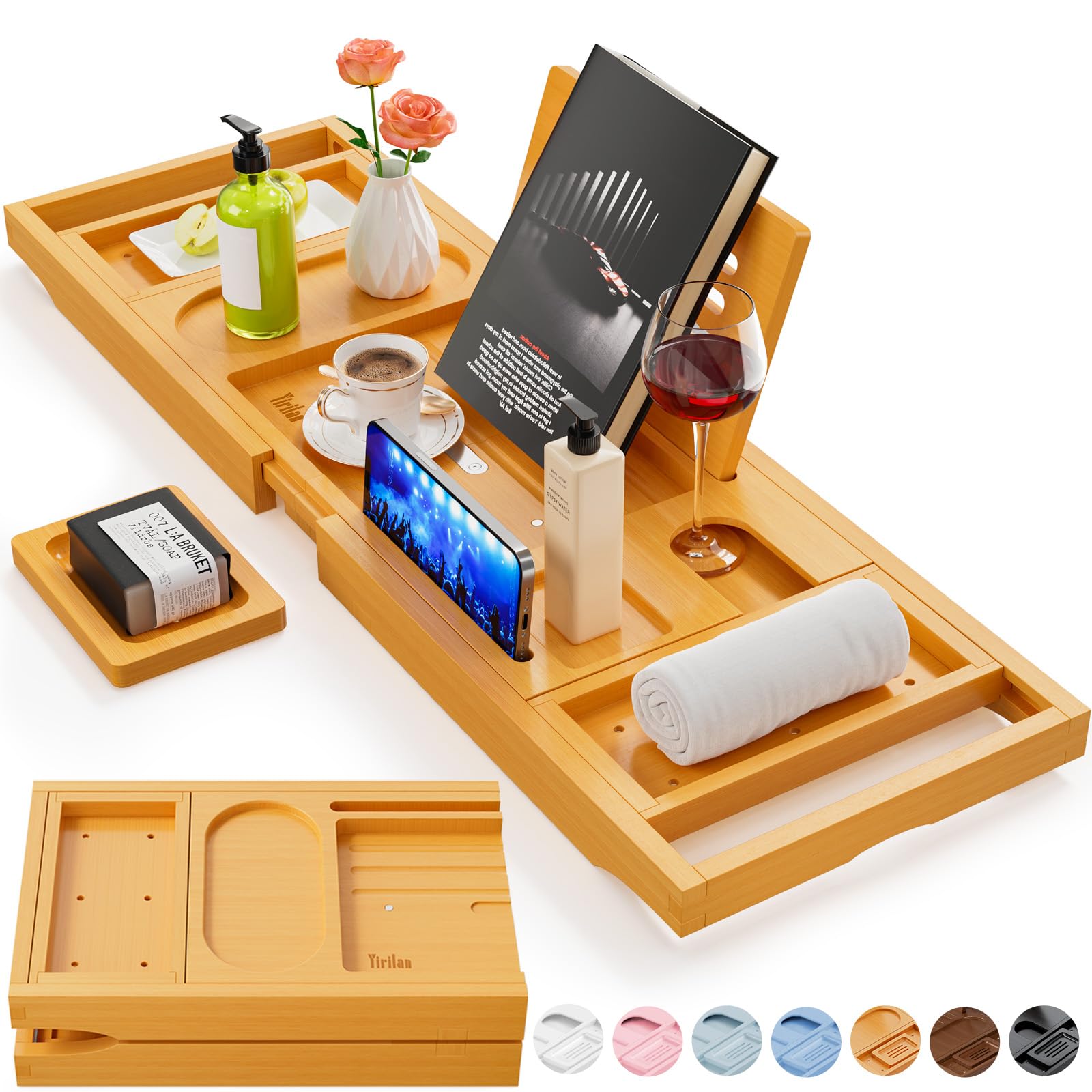 Yirilan premium bathtub tray expanded to fit most tubs for a versatile setup.