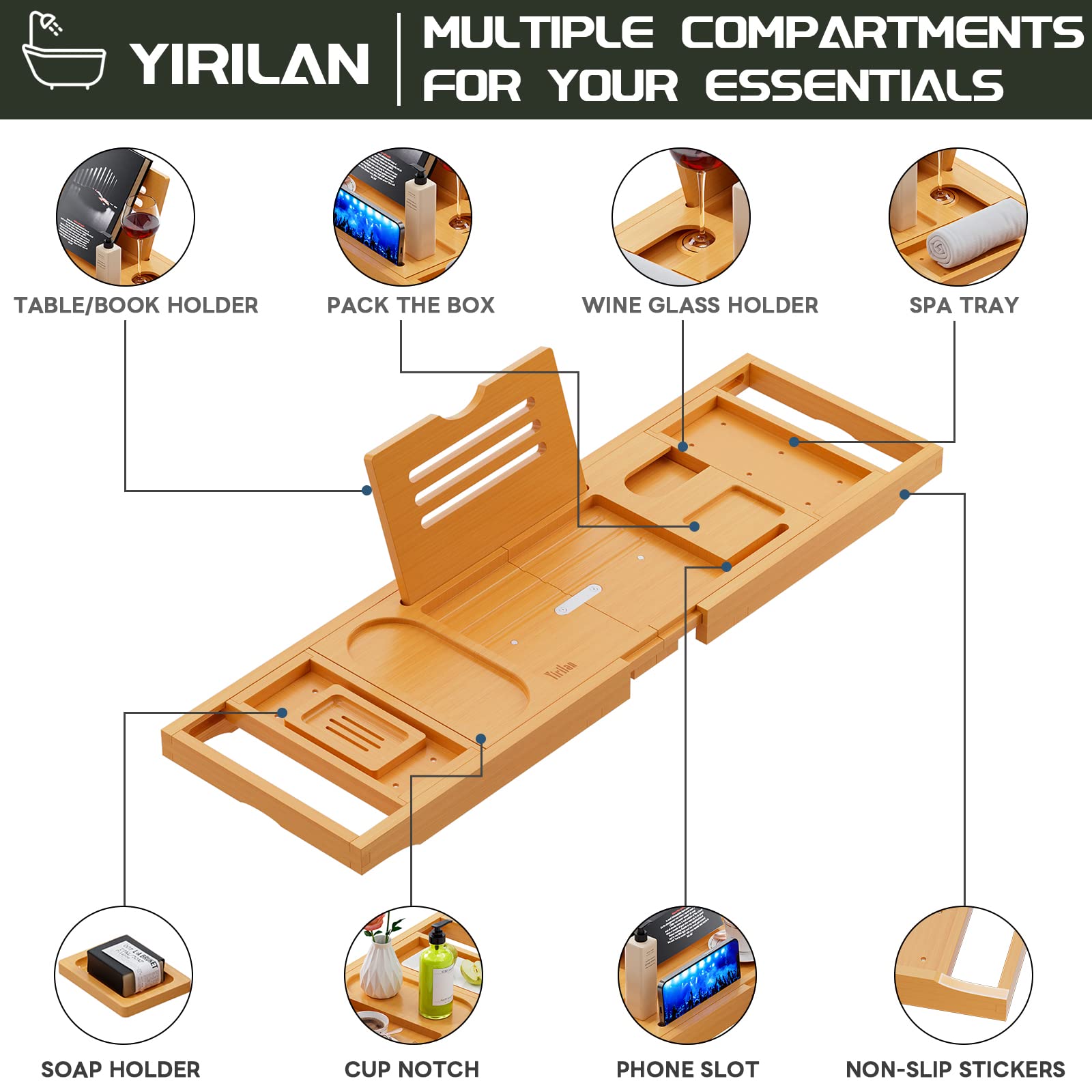 Removable spa trays and tablet holder on the Yirilan bath tray for entertainment.