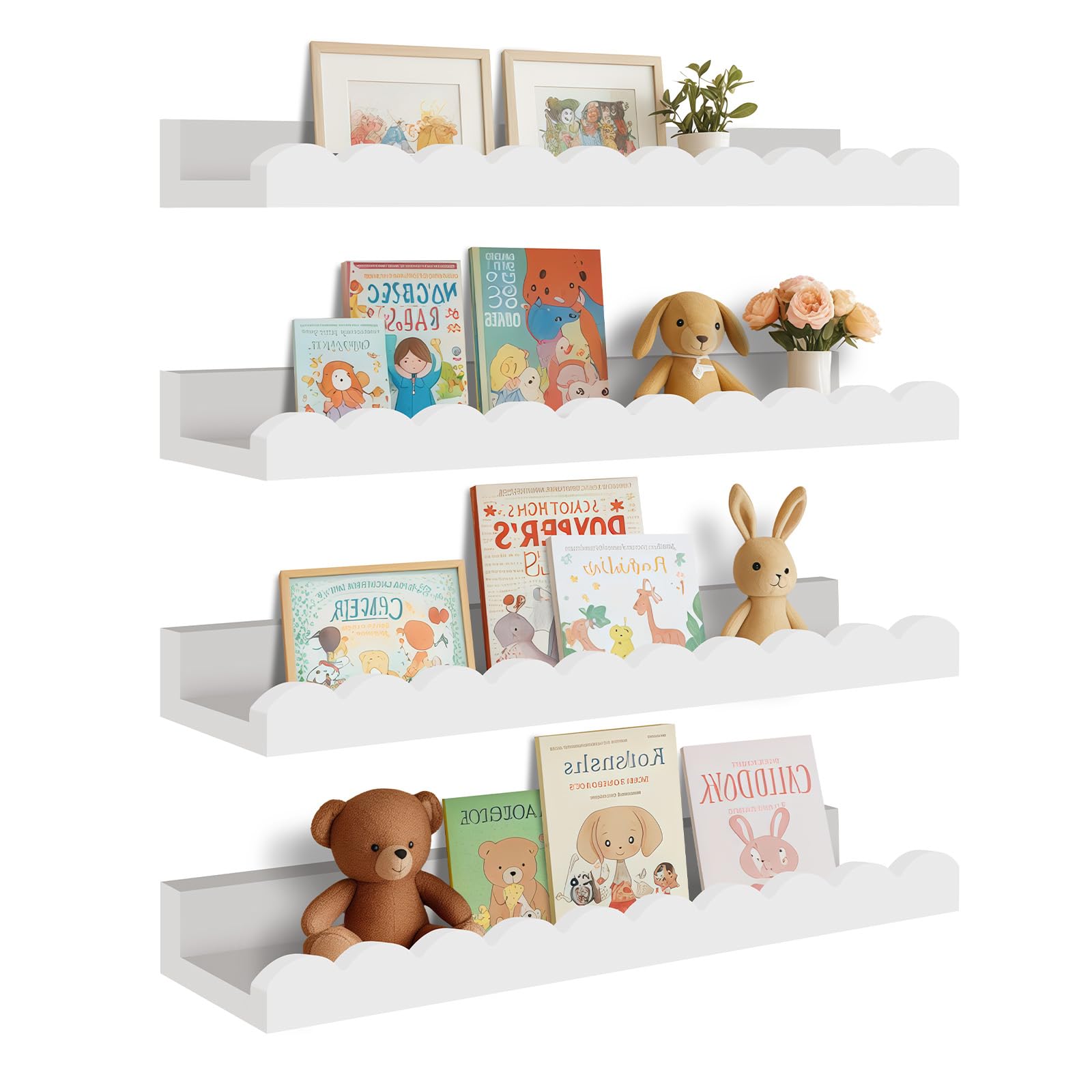 Yirilan scalloped nursery shelf on a white wall for easy book access.