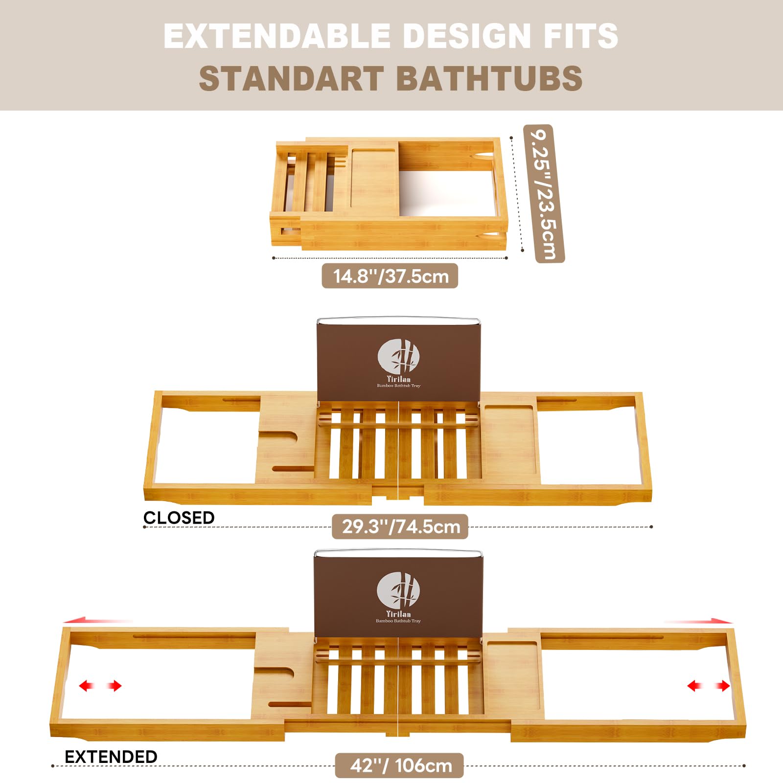 Yirilan waterproof bamboo tub tray with lacquered finish resists splashes during baths.