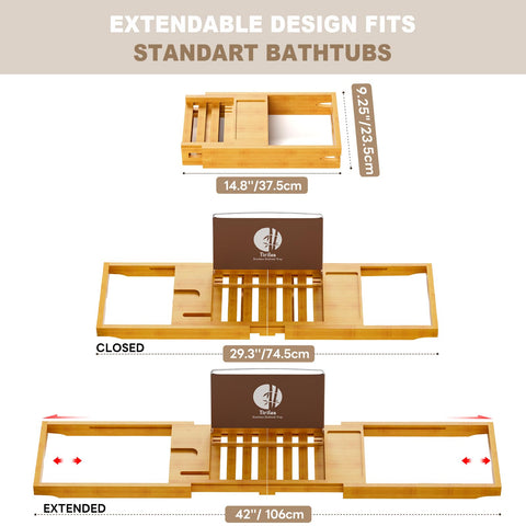 Yirilan waterproof bamboo tub tray with lacquered finish resists splashes during baths.