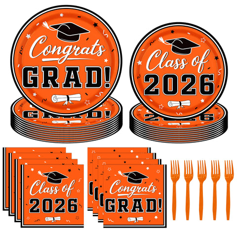YISKUOPU orange graduation plates 9-inch with Congrats Grad design for festive celebrations