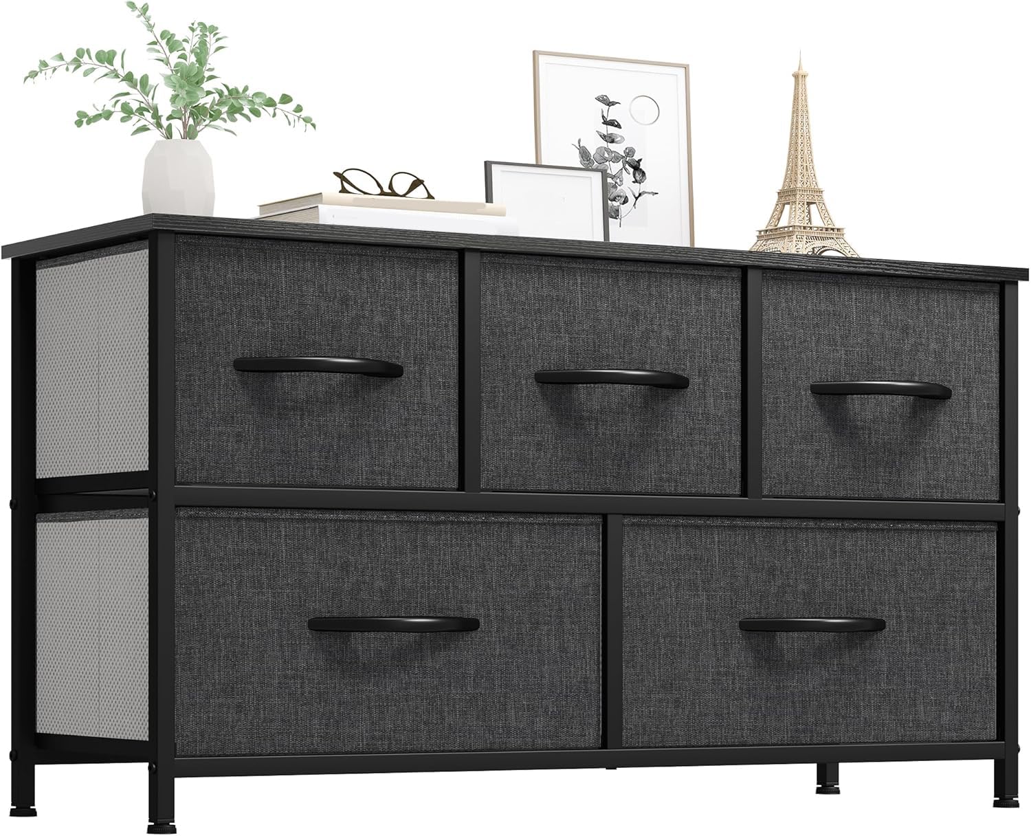 YITAHOME dresser with five drawers and a black metal frame provides sturdy bedroom storage.