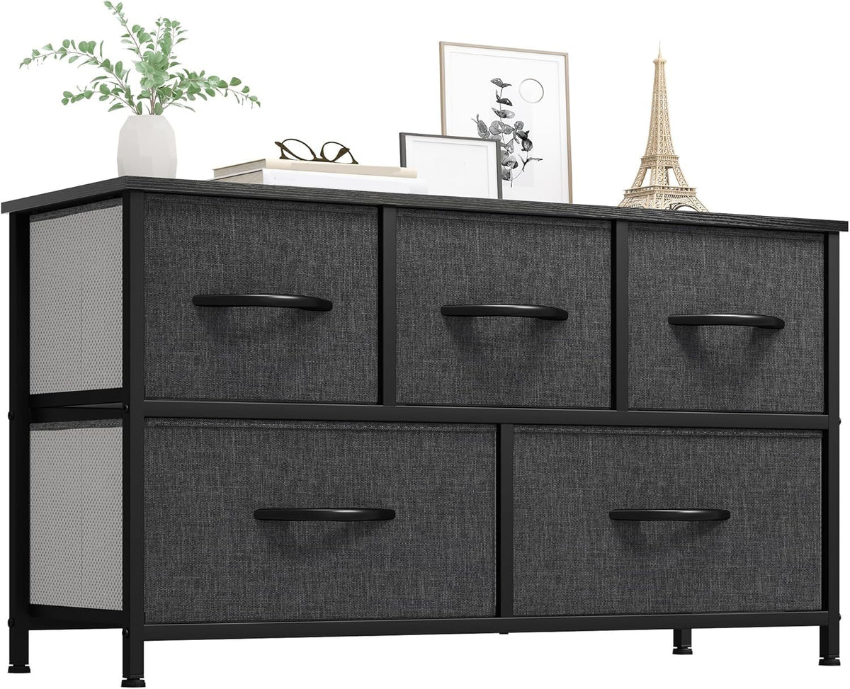 YITAHOME dresser with five drawers and a black metal frame provides sturdy bedroom storage.