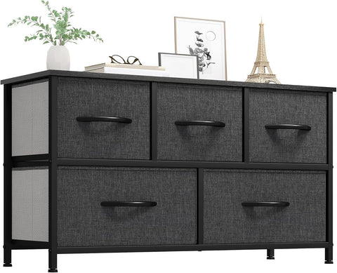 YITAHOME dresser with five drawers and a black metal frame provides sturdy bedroom storage.