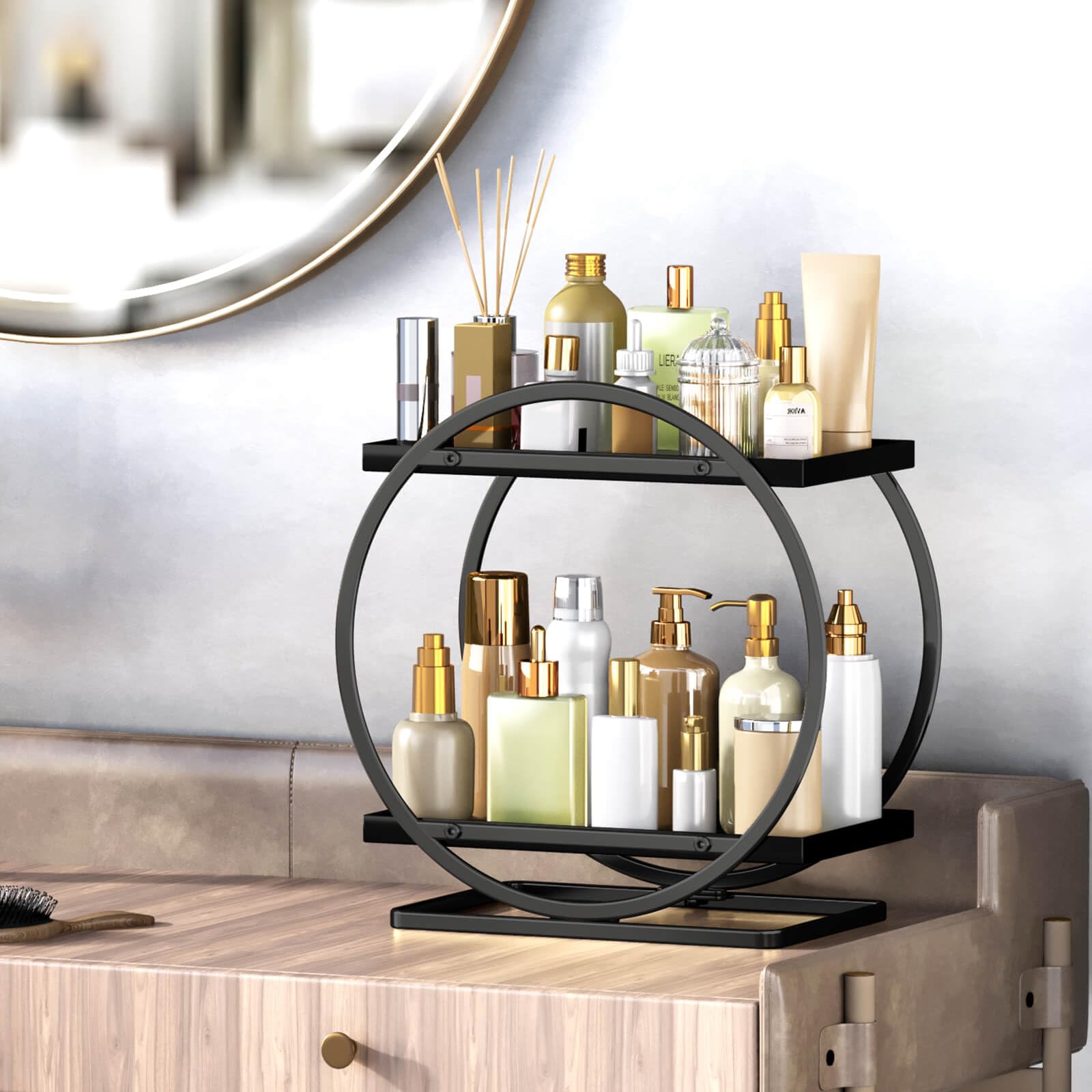 YIWANFW skincare display tray showcases essentials on the bathroom sink.